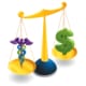 Dollar symbol balances medical symbol on scales.